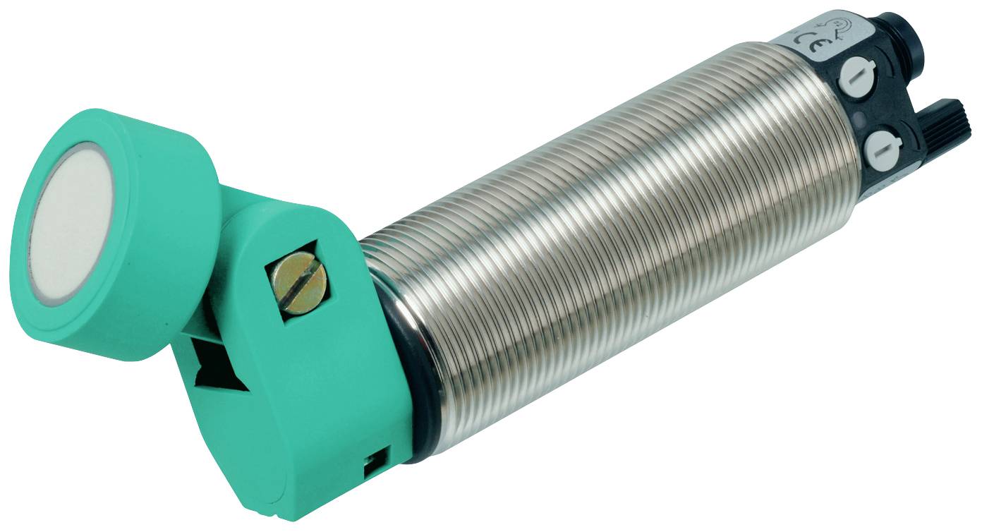 En cylindrisk, metallisk sensor med grønt hus. Den har en hvid cirkel i den ene ende og tilslutninger i den anden ende.