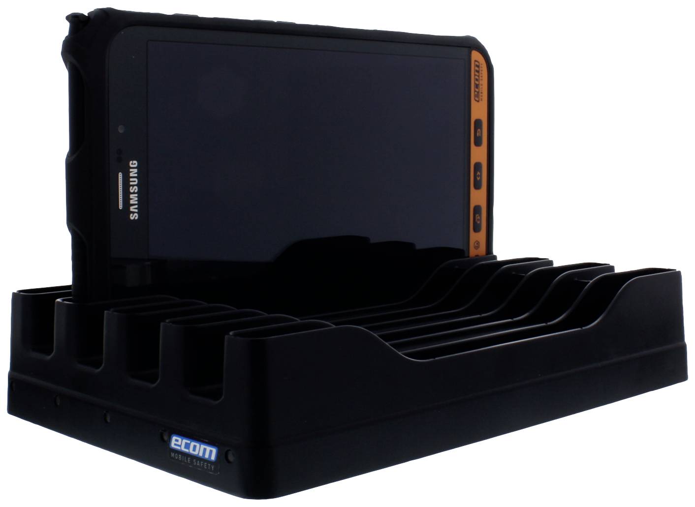 Et robust Samsung-tablet står i en ladestation med flere pladser.