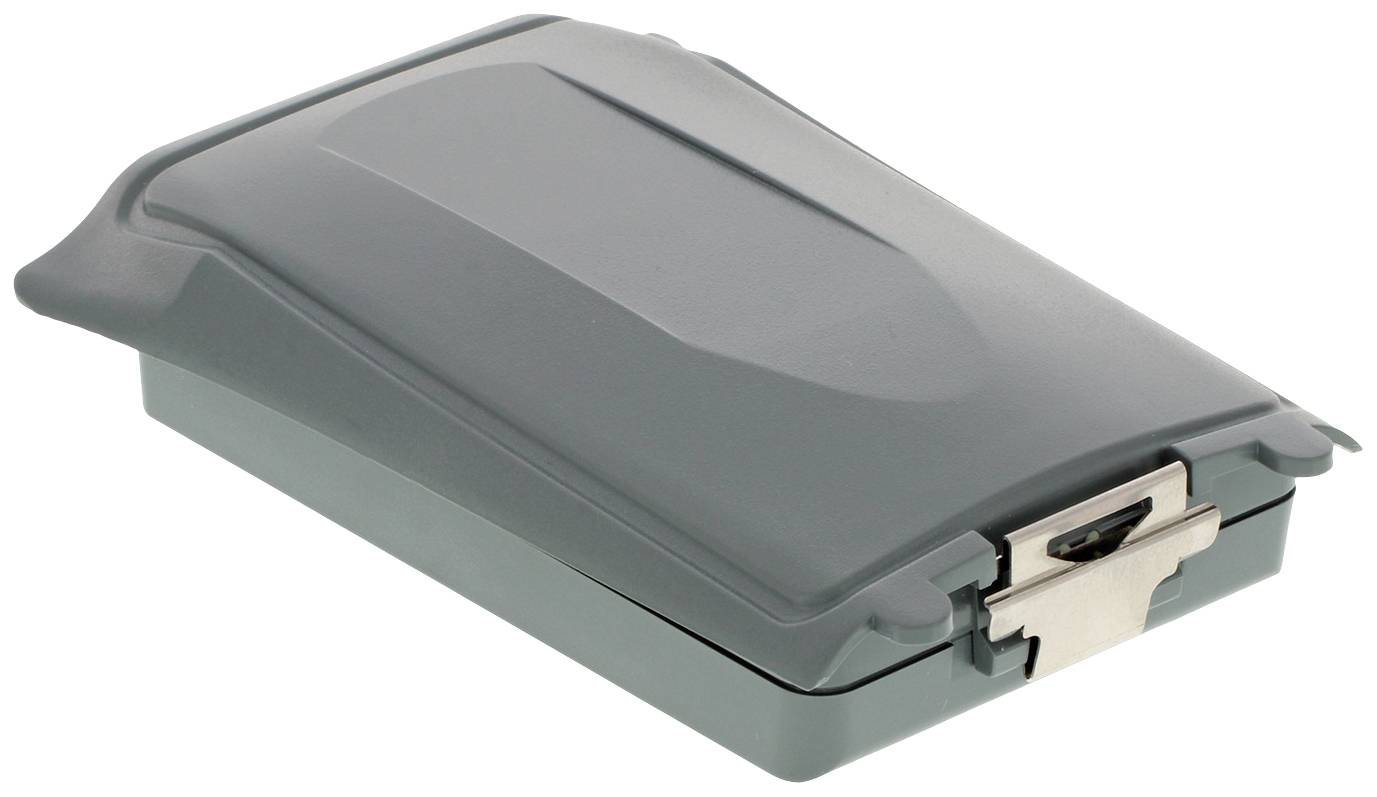 Grå kabinet med kliklukning, egnet til beskyttelse af elektroniske komponenter; robust design til industrielle applikationer.
