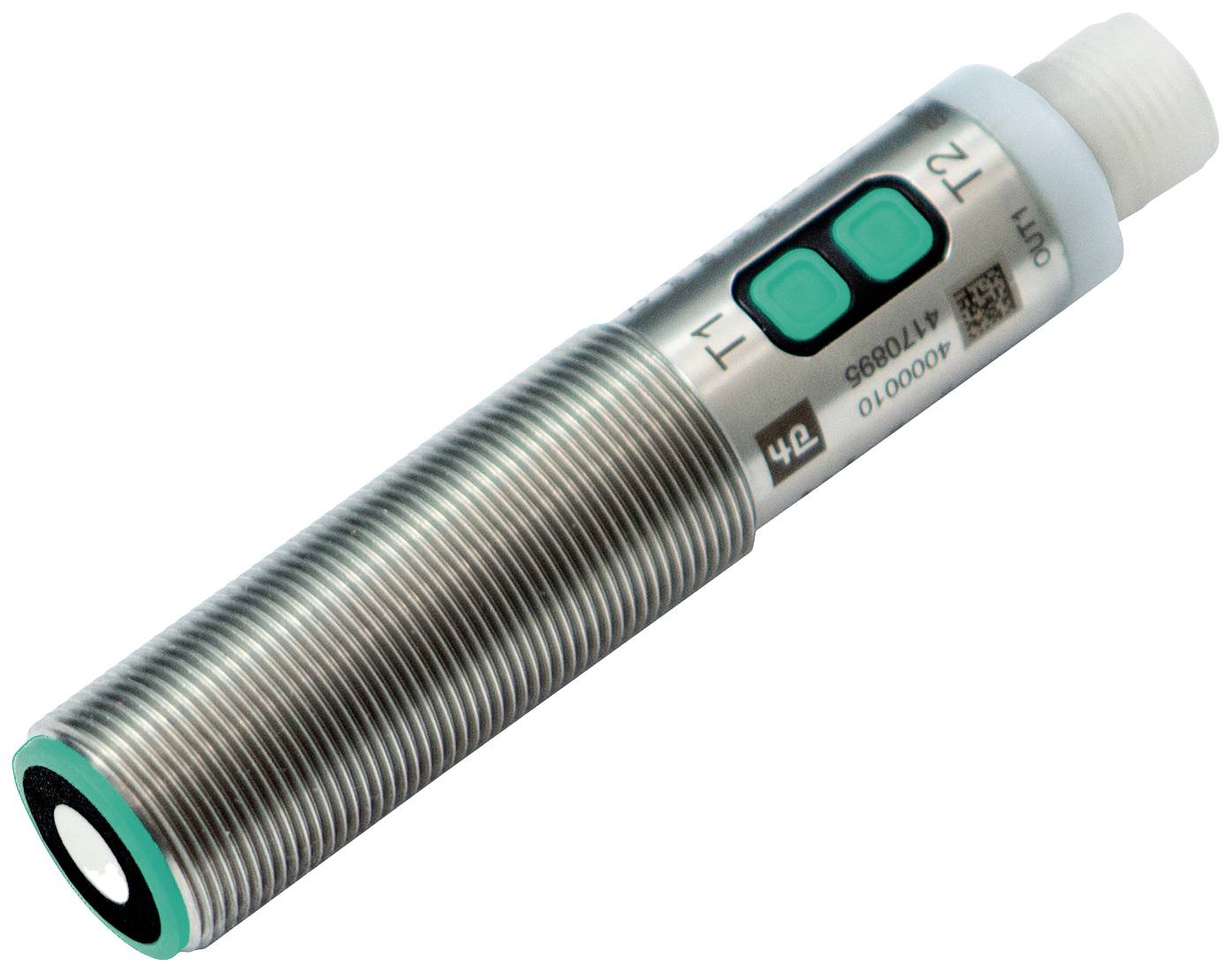 Cylindrisk sensor med metalkappe, grøn forside og to sorte knapper øverst, til industriel brug.