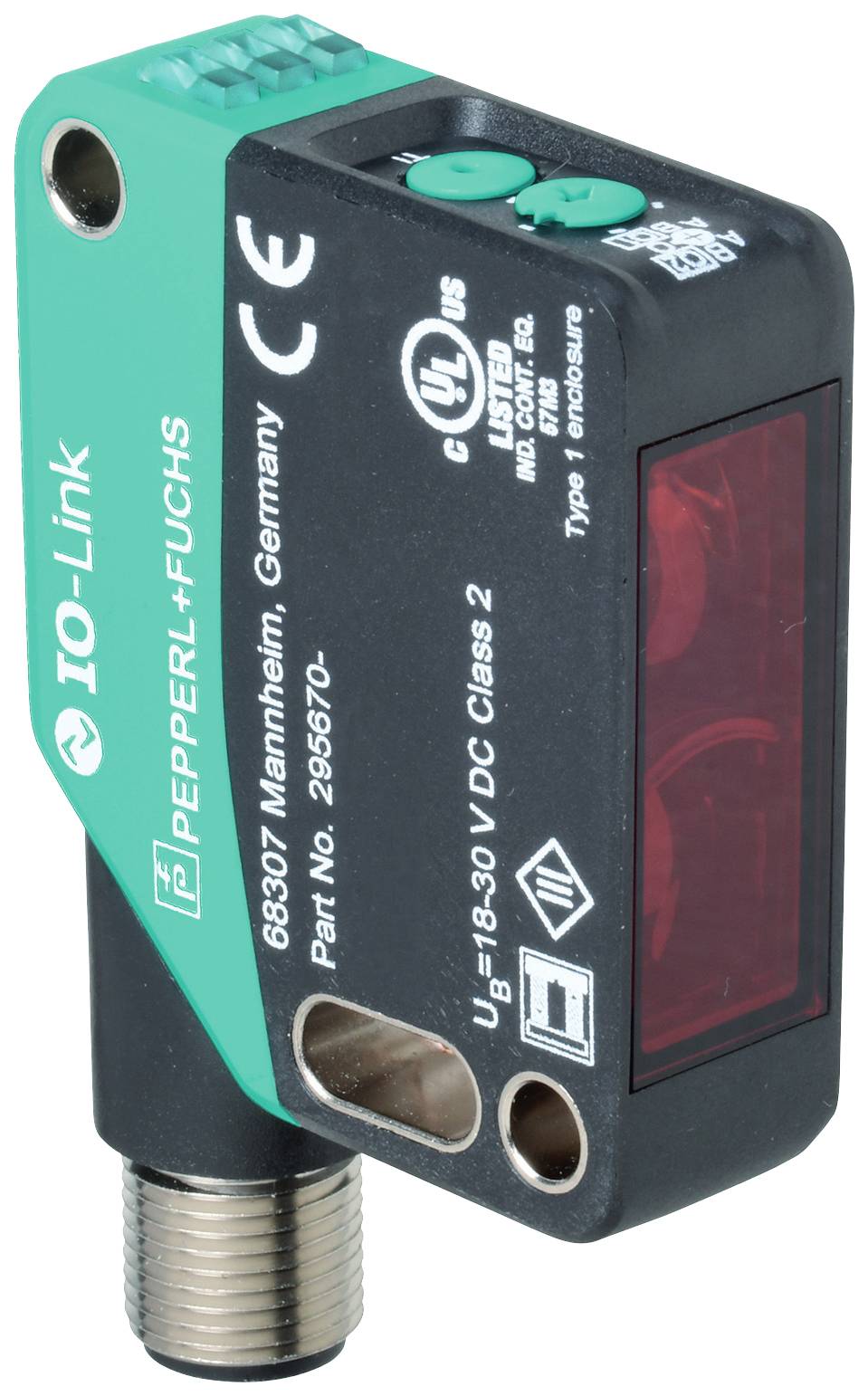 Industrisensor fra Pepperl+Fuchs, model med IO-Link, til afstands- og objektregistrering i industrielle applikationer.