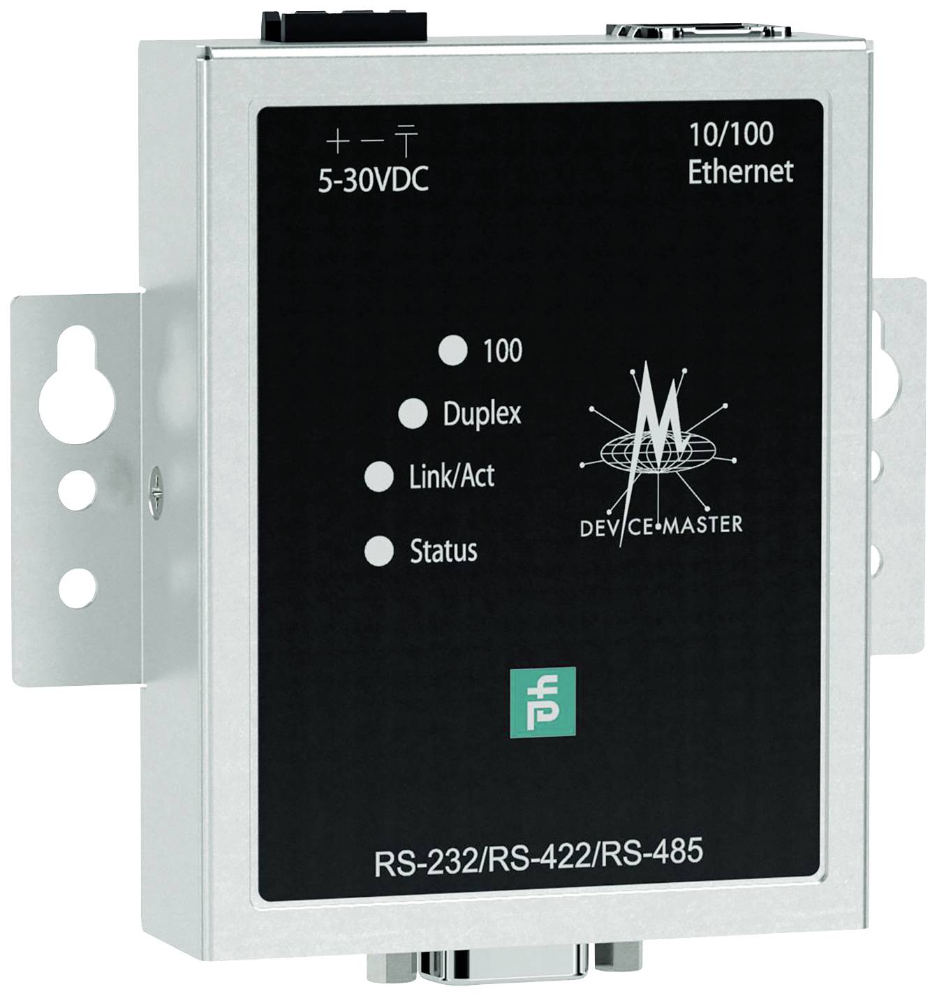Et netværksapparat 'Device-Master' med RS-232/RS-422/RS-485 tilslutningsmuligheder og 10/100 Ethernet, viser status-LED'er for Duplex, Link/Akt og Status.