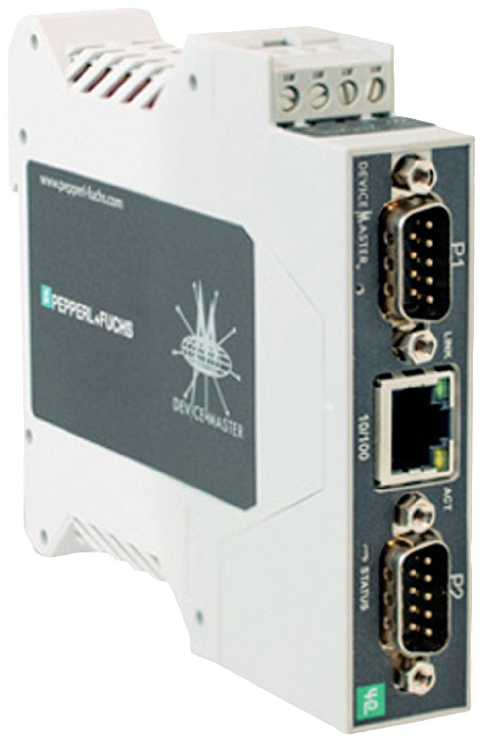 Interface-modul med forskellige tilslutninger, herunder to serielle porte og en Ethernet-port. Kompakt design, industristandard.