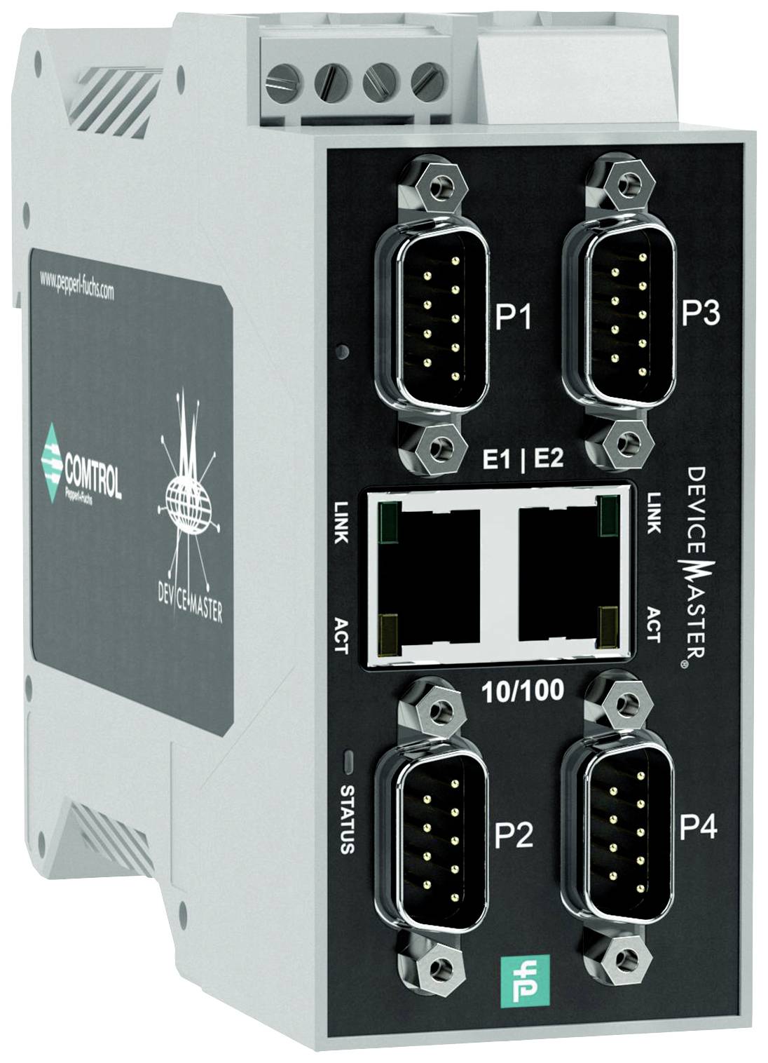 Industriel enhedsserver med fire serielle porte og to Ethernet-forbindelser, bruges til netværksforbindelse af enheder.