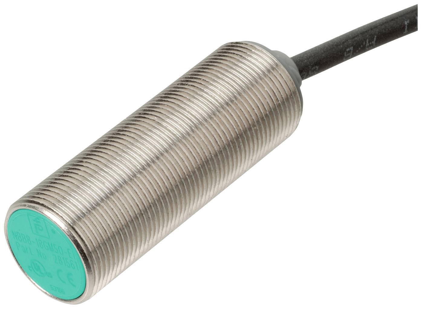 En cylindrisk, omtrent palet-lignende induktionssensor med grøn forside og et sort kabel.