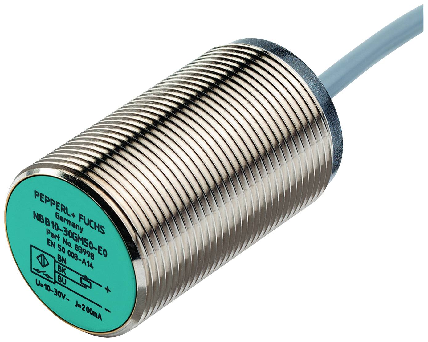 Cylindrisk nærhedssensor fra Pepperl+Fuchs med kabel. Robust, metallisk, grøn mærket med tekniske detaljer.