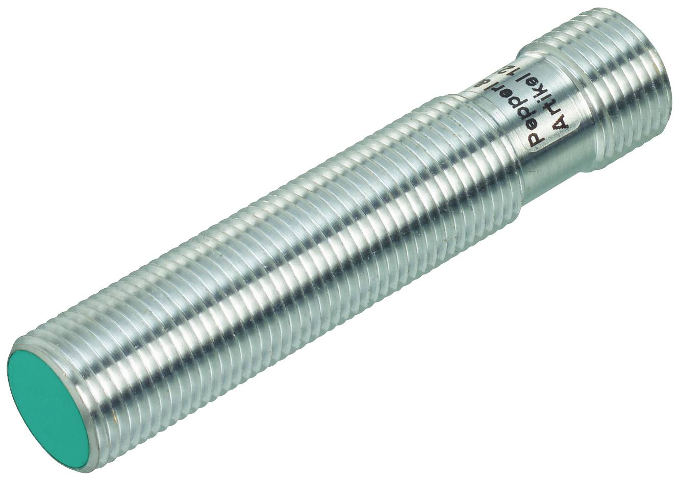 Cylindrisk metalgenstand med riflet overflade og grøn endedel, sandsynligvis en sensor eller teknisk komponent.