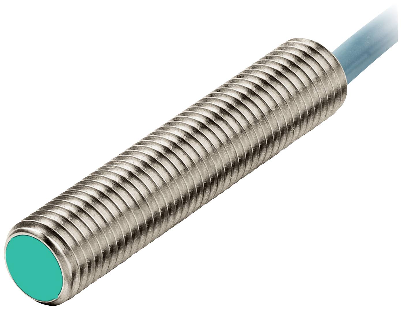 En cylindrisk, riflet metalcylinder med grøn ende og blåt kabel, sandsynligvis en sensor eller elektronikkomponent.