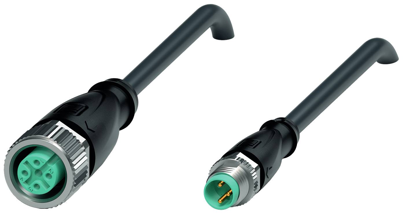 To industrial stikforbindere med metallukkere og grønne kontakter. Den ene er hunstik med fire huller, den anden er hanstik med to ben.