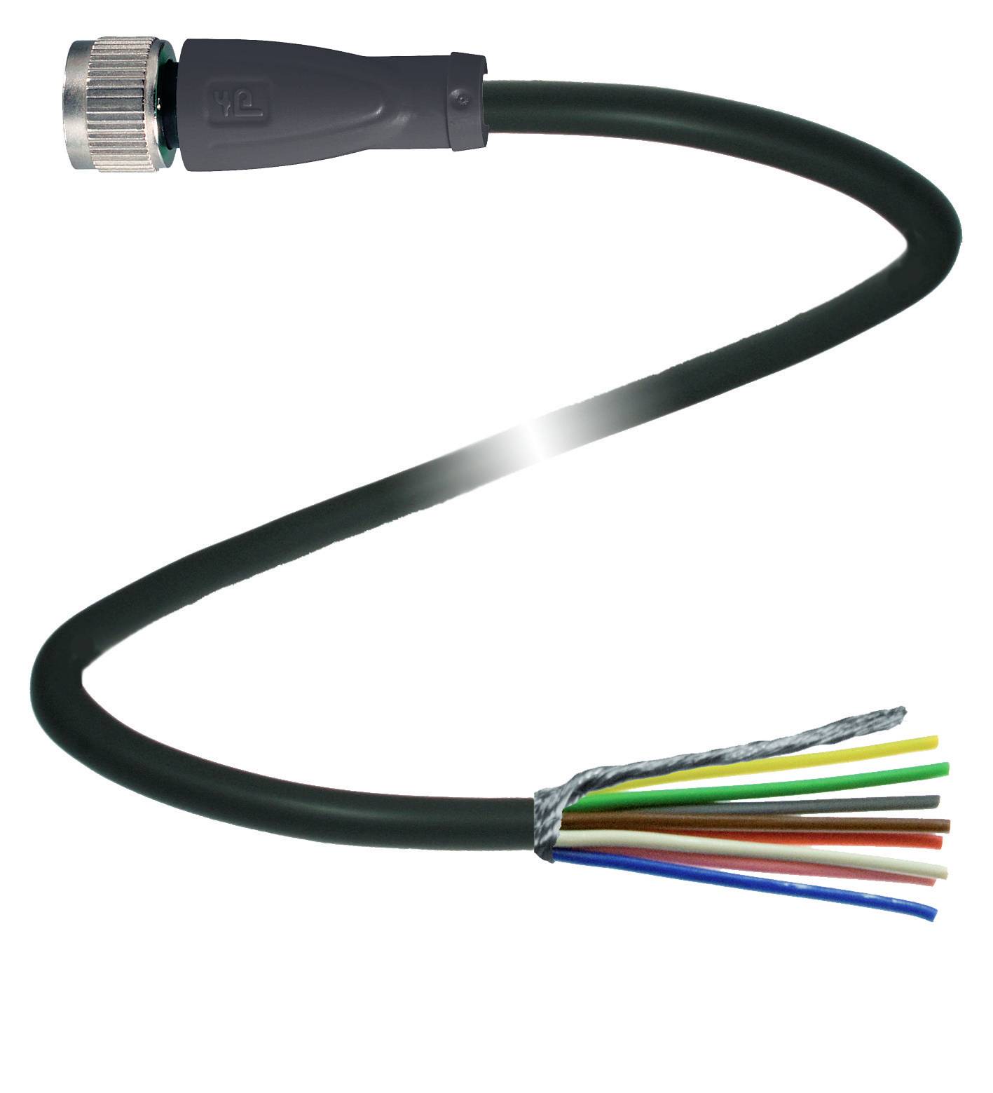 Der er afbildet et sort kabel med en sølvfarvet stikforbinder på venstre side og flere farvede ledninger i den åbne ende.