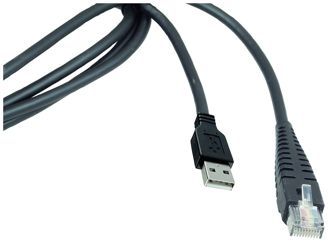Et sort kabel viser en USB-stik på den ene side og en Ethernet-stik på den anden side.