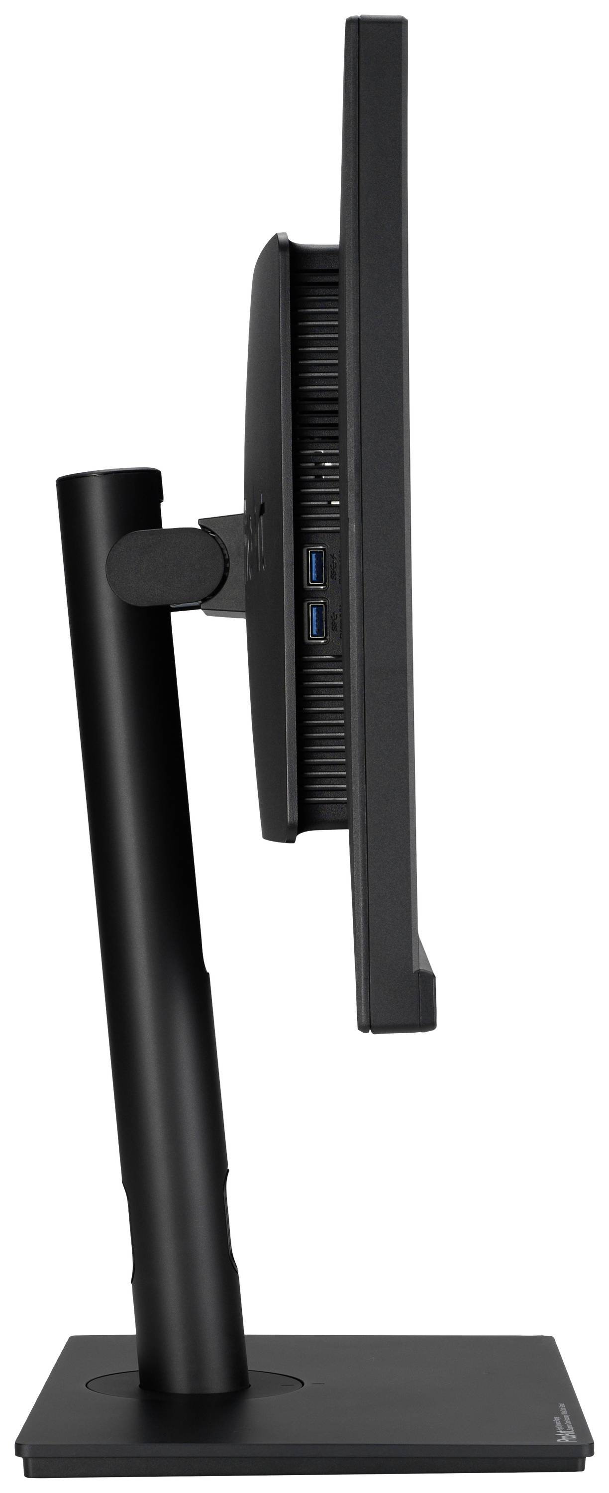 En tynd, sort computerskærm set fra siden, monteret på en justerbar fod. USB-porte er synlige på siden.