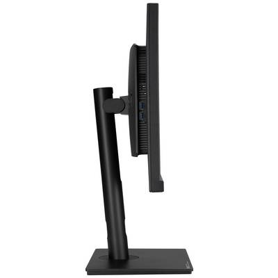 En tynd, sort computerskærm set fra siden, monteret på en justerbar fod. USB-porte er synlige på siden.