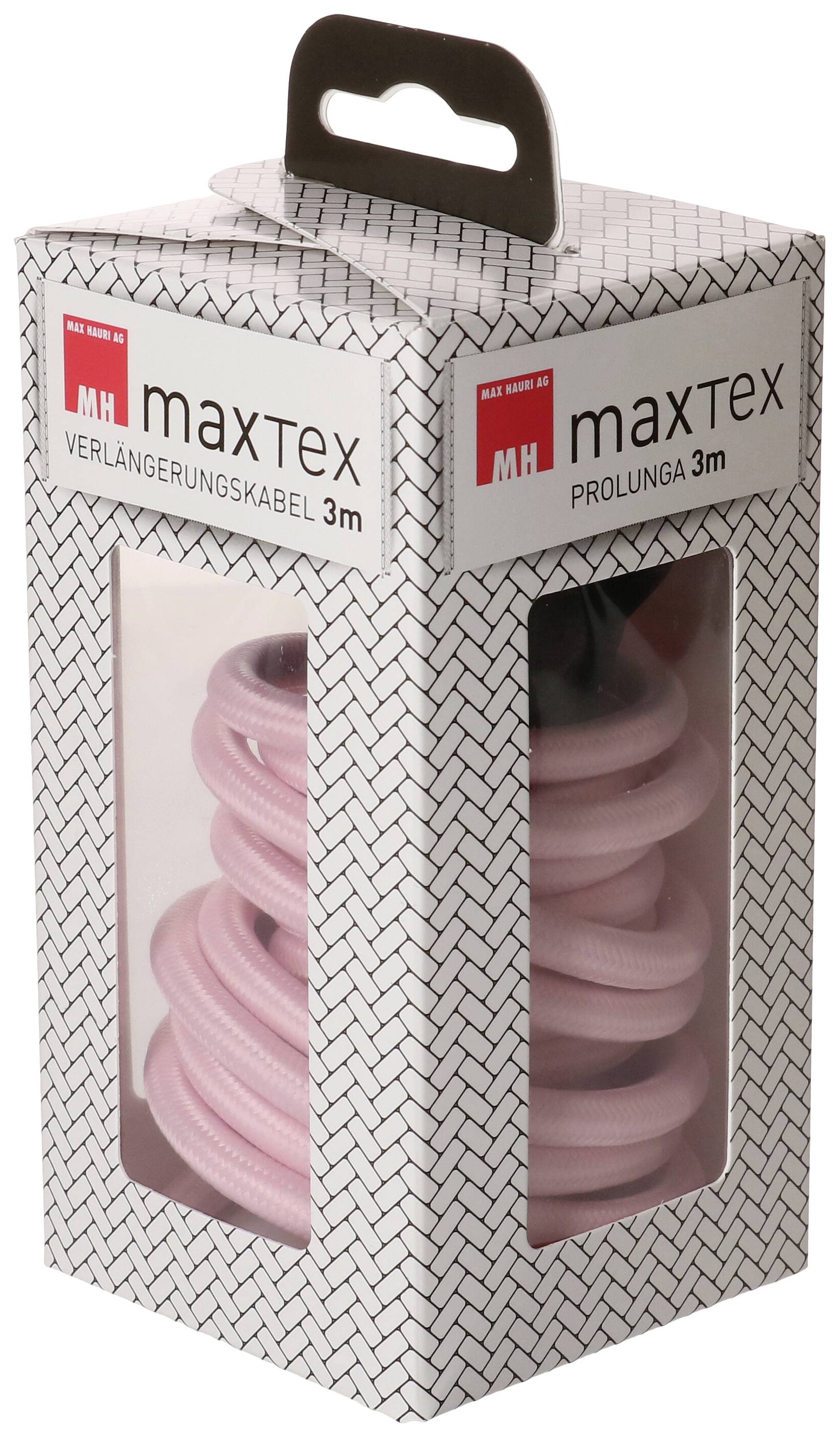 Forlængerledning 'maxTex' 3m, i lyserød spiral, i en papæske med vindue.