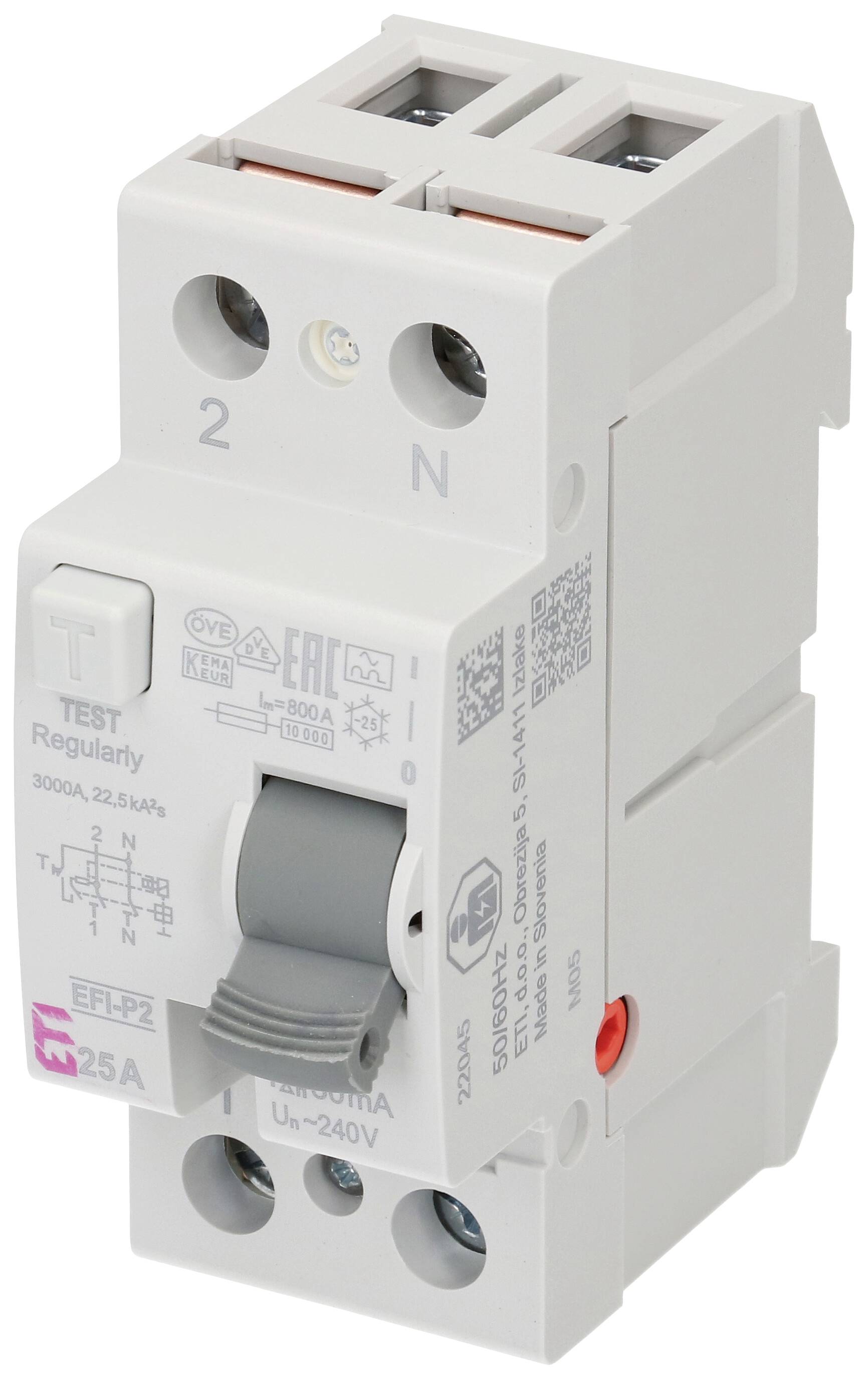 En HFI-afbryder med testknap og tekniske specifikationer på forsiden. Egnet til 25A og 240V.