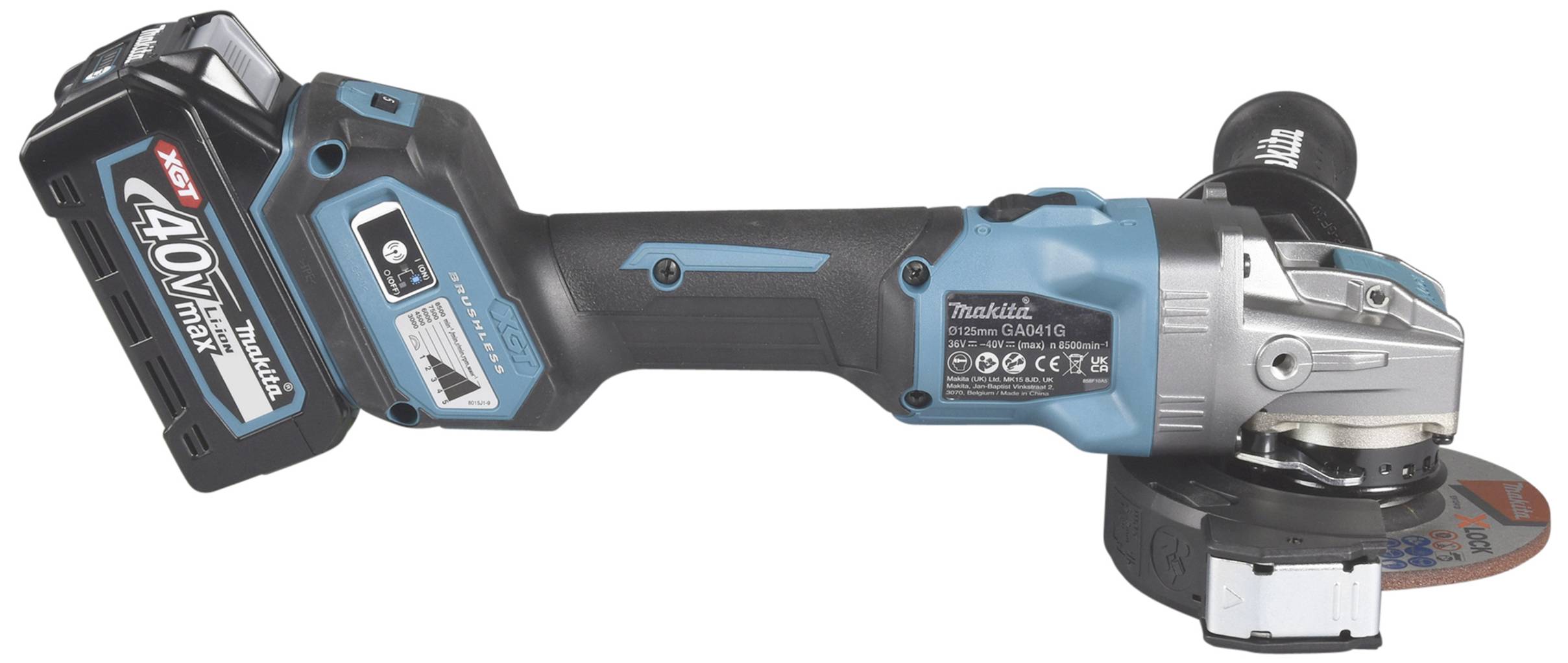 En blå akku-vinkelsliber med 40V Max-batteri, sidehåndtag og beskyttelsesdæksel, egnet til slibeopgaver.