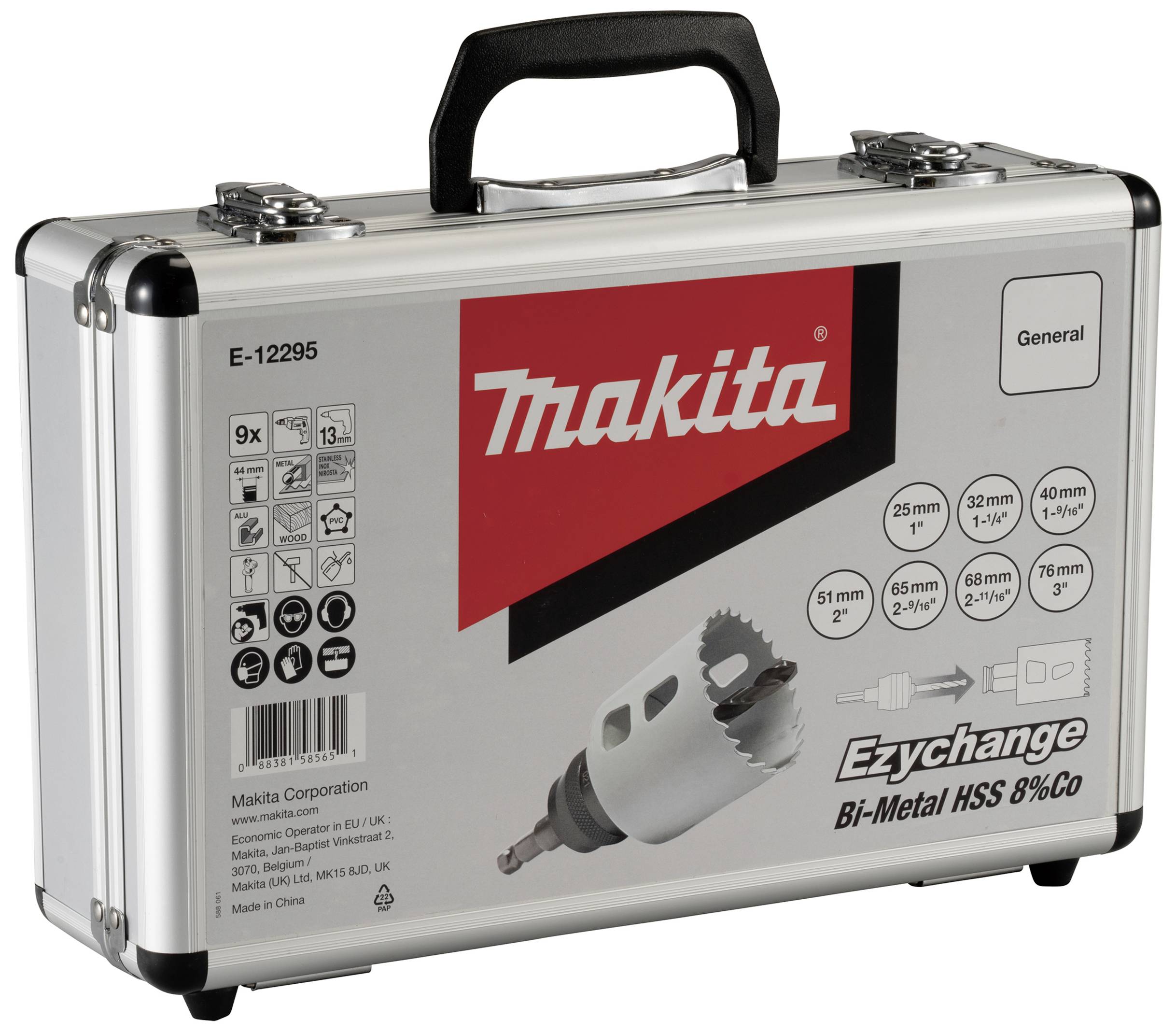Metalmappe med 'Makita'-logo, indeholder Ezychange bi-metal HSS hulsave. Forskellige størrelser og specifikationer er trykt på.