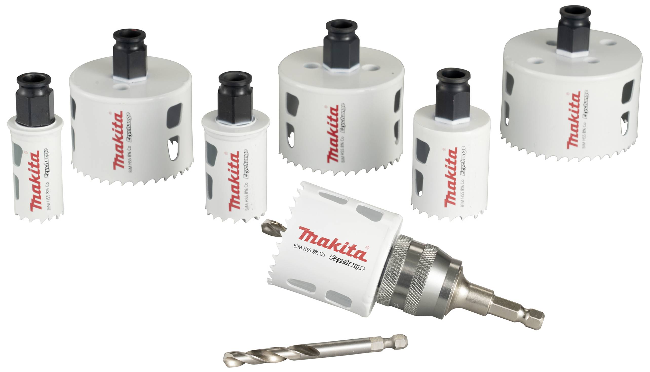 Boresæt med forskellige hulsavsblade fra Makita og en bor. Perfekt til at bore huller i forskellige materialer.