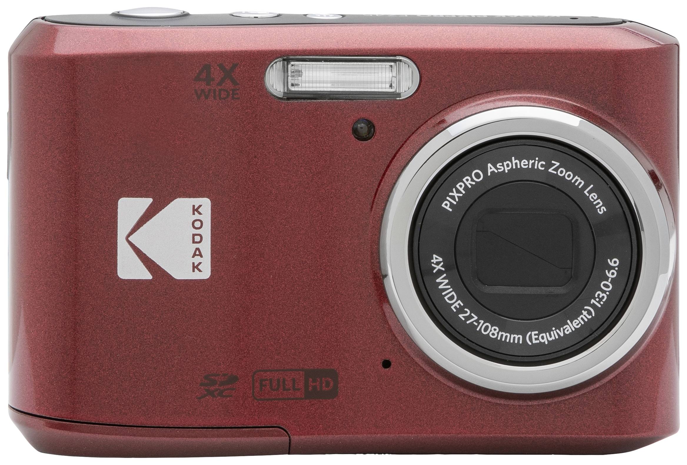 Rødt digitalkamera med 4X vidvinkel zoomobjektiv. Kodak-mærke synligt. Full-HD-opløsning, kompatibel med SDXC-kort.
