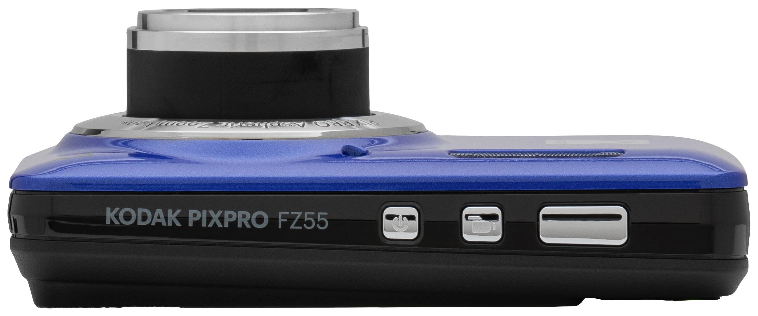 Blåt digitalkamera med udtrukket objektiv. Mærke og model 'Kodak Pixpro FZ55' synlig på siden.