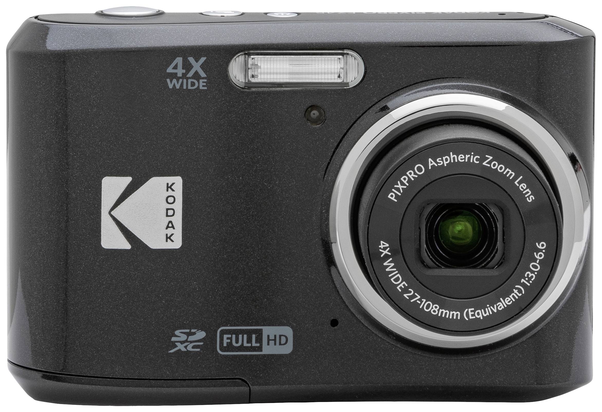 Sort digitalkamera med 4X vidvinkel-zoom, SD-hukommelseskort-slot og Full-HD-optagefunktion, set forfra med objektiv i fokus.