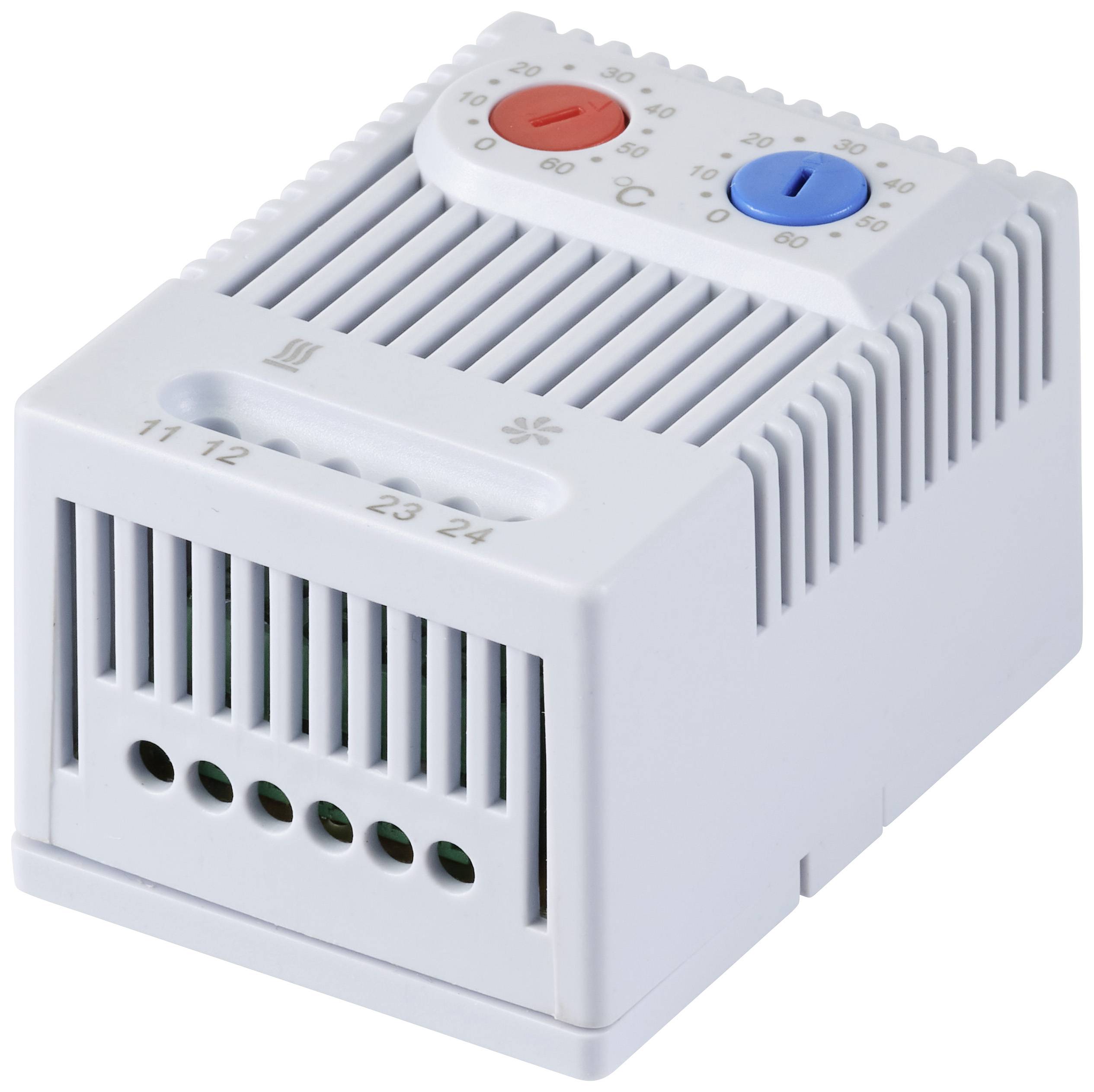 Hvid temperaturregulator med to farveknapper, blå og rød, til styring af temperaturen i elektriske apparater.