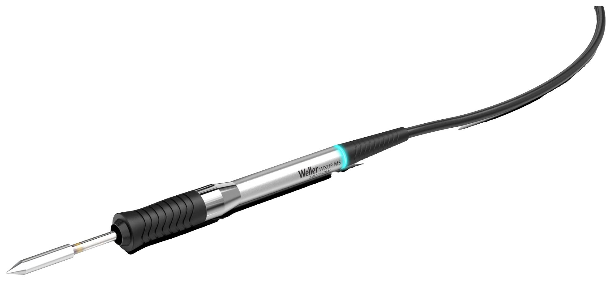 Loddekolbe med sort håndtag og metalspids, egnet til elektronikopgaver, viser en fleksibel forbindelse ved håndtagets ende.