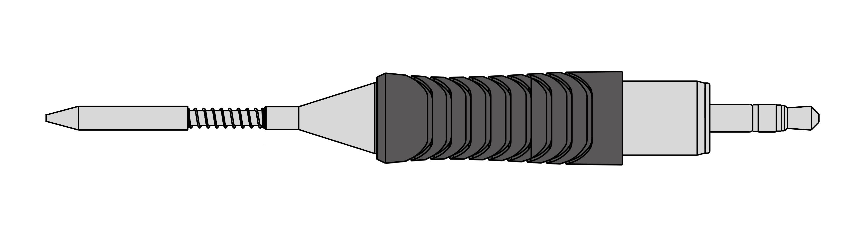Illustration af et stik med en fleksibel sektion og en tandet greb, der viser to ender: en med en smal stift, den anden med en bredere tilslutning.