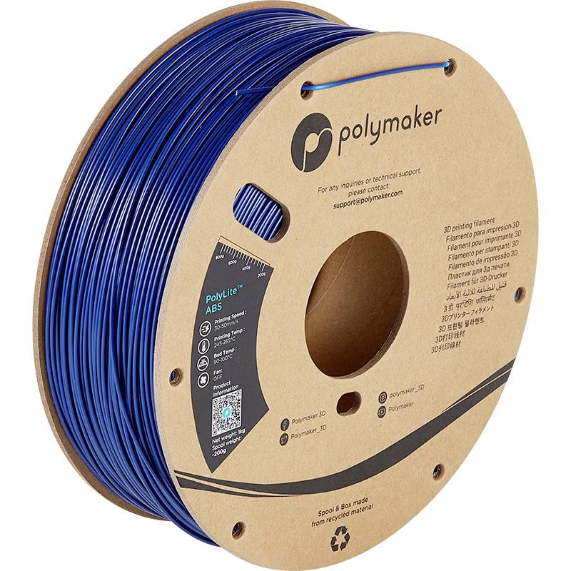 En rulle blåt 3D-printer-filament fra mærket Polymaker, egnet til ABS-print.