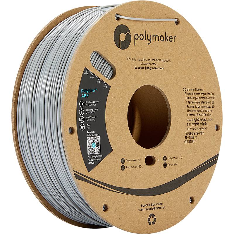 En rulle grå PolyLite ABS 3D-printer filament fra mærket Polymaker, 1,75 mm diameter, 1 kg. Emballage fremstillet af genanvendt materiale.