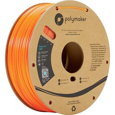 En rulle orange 3D-printfilament fra mærket Polymaker, fremstillet af PolyLite ABS, identificerbar ved mærkninger om materiale og egenskaber.