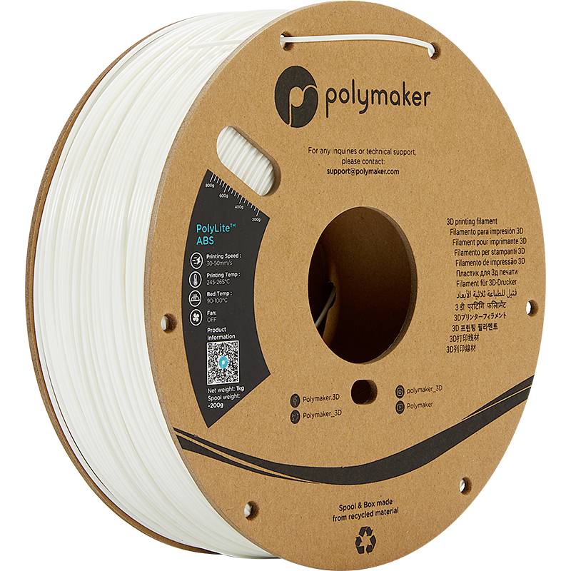 Spole med 3D-printer-filament fra Polymaker. Betegnelse: 'PolyLite ABS'. Etiket med produktoplysninger og kontaktinformation.