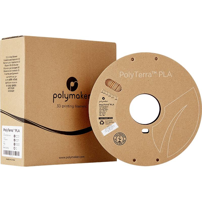 En spole PolyTerra PLA-filament fra mærket Polymaker, ved siden af den matchende emballage. Egnet til brug i 3D-print-projekter.