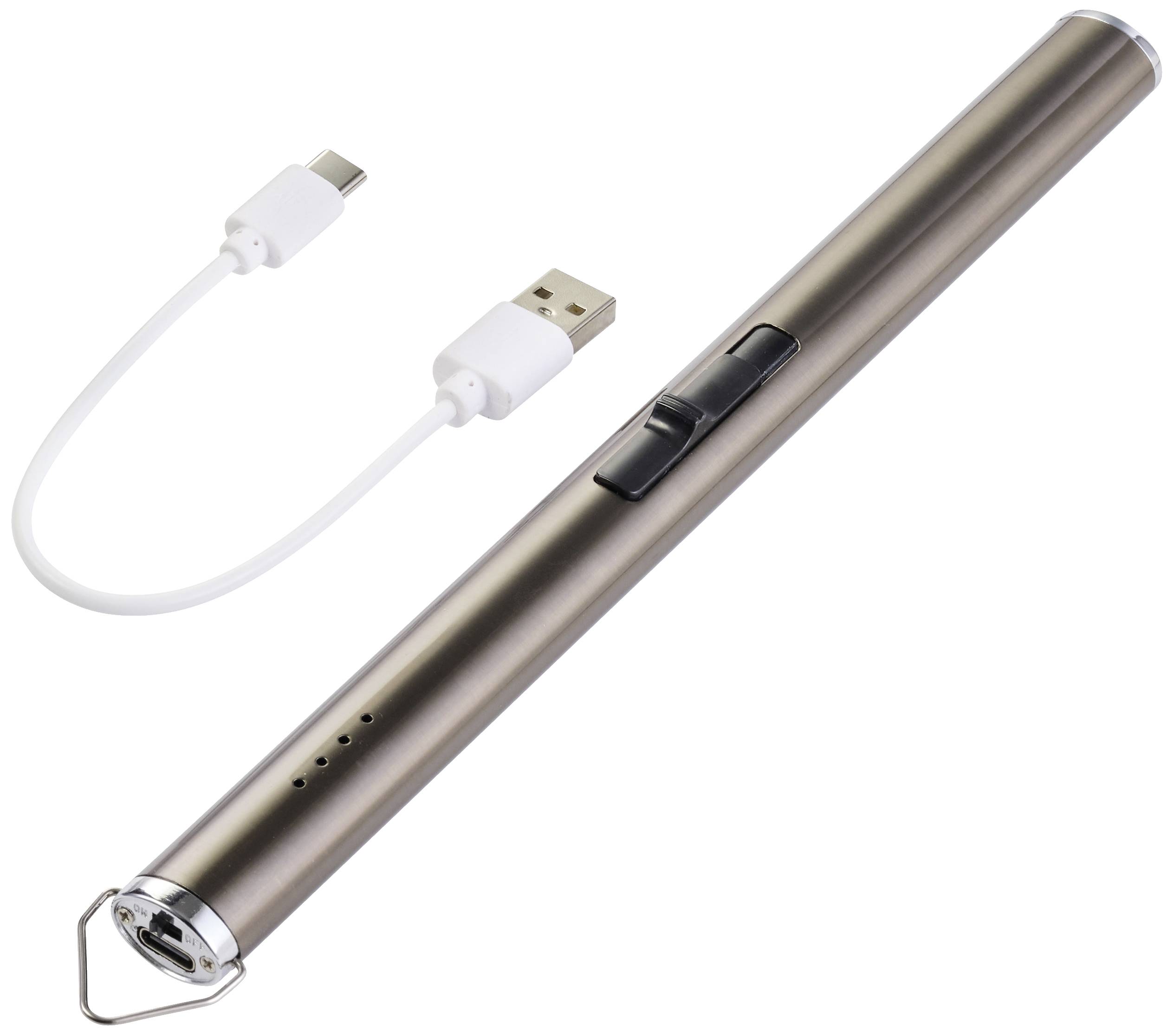 Stylus med laserlignet spids og siddeknapper; ved siden af et USB-kabel med to tilslutninger til opladning.