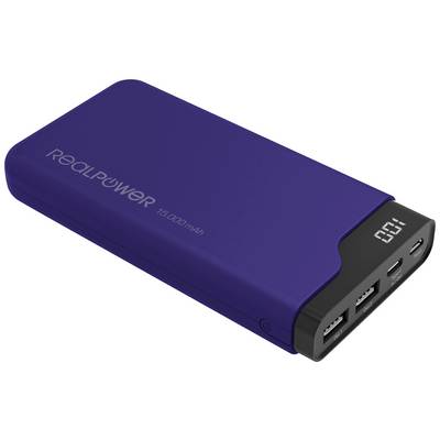 Powerbank i mørkeblå med et digitalt display, der viser '0.01', og tre USB-porte.