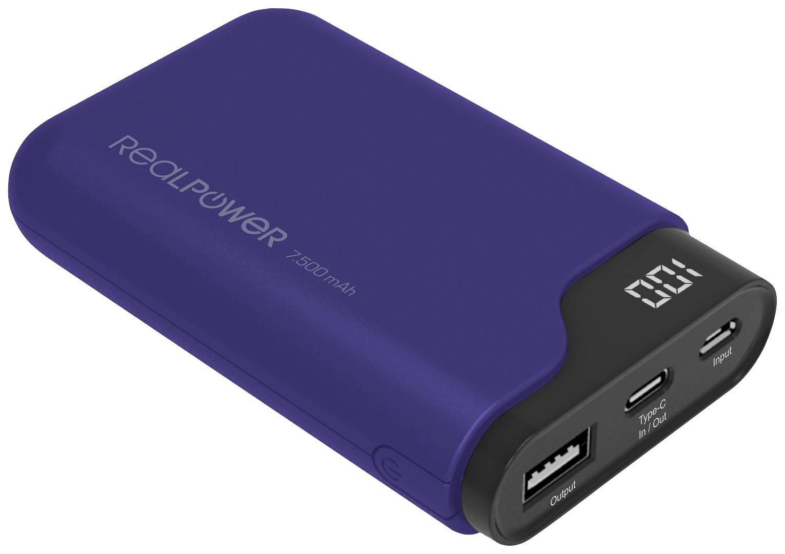 En blå powerbank med påskriften 'RealPower 7500 mAh' på forsiden. Den har en USB-port og et digitalt display.