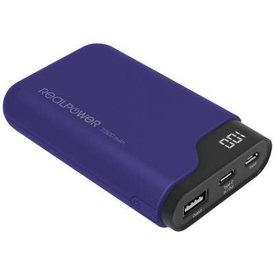 En blå powerbank med påskriften 'RealPower 7500 mAh' på forsiden. Den har en USB-port og et digitalt display.