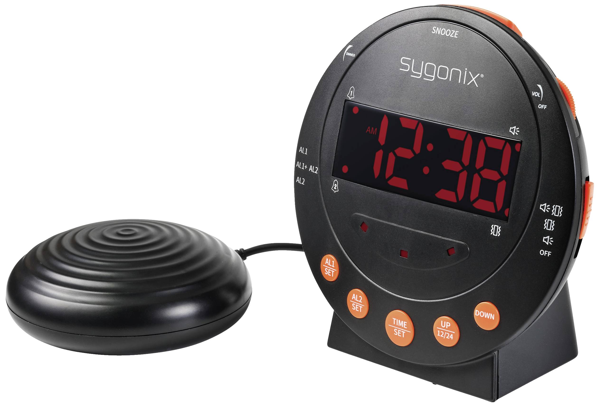 Digital vækkeur med store røde LED-tal, flere alarmmuligheder og en tilsluttet vibrerende pude til vibrationsvækning.