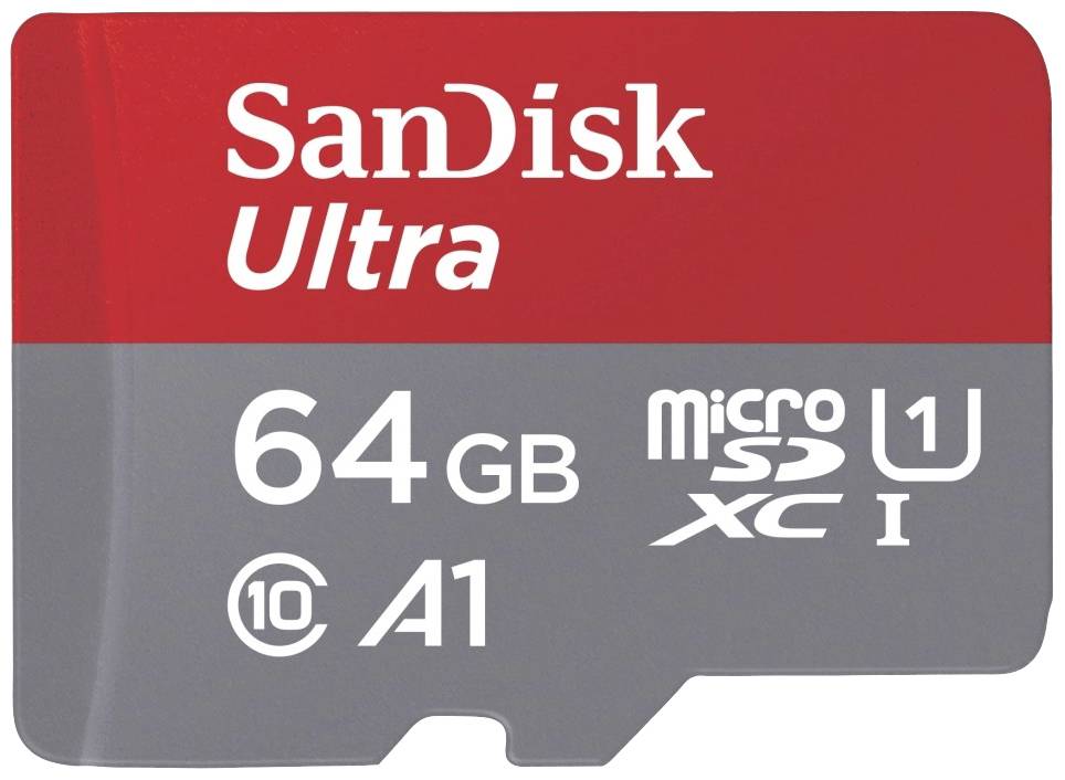SanDisk Ultra microSD-kort med 64 GB kapacitet, hastighdsklasse 10, A1-ydeevne, egnet til smartphones og tablets.