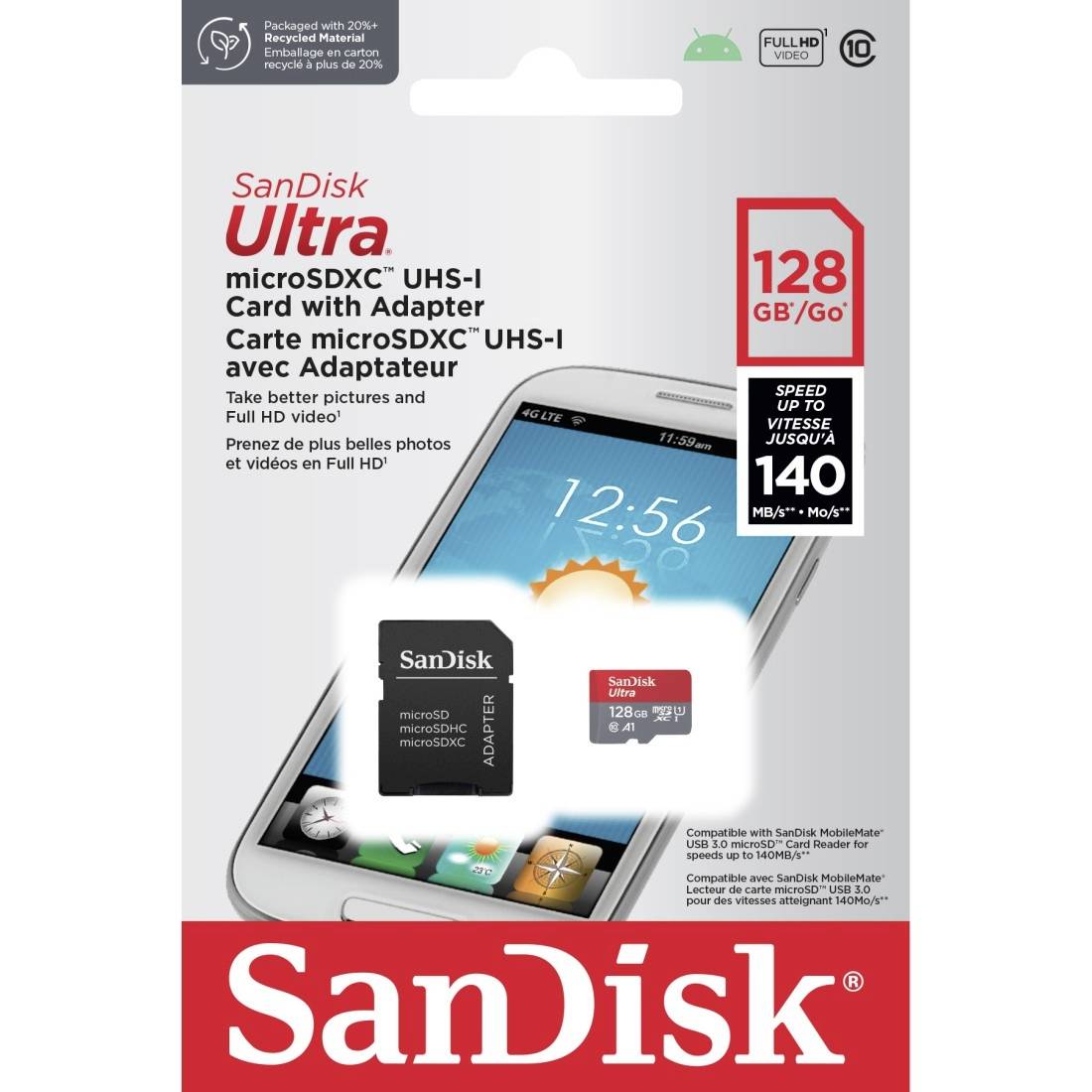 SanDisk Ultra microSDXC UHS-I 128 GB med adapter. Emballagen viser kort og adapter. Ideel til Full HD-videoer og fotos. 100 MB/s hastighed.