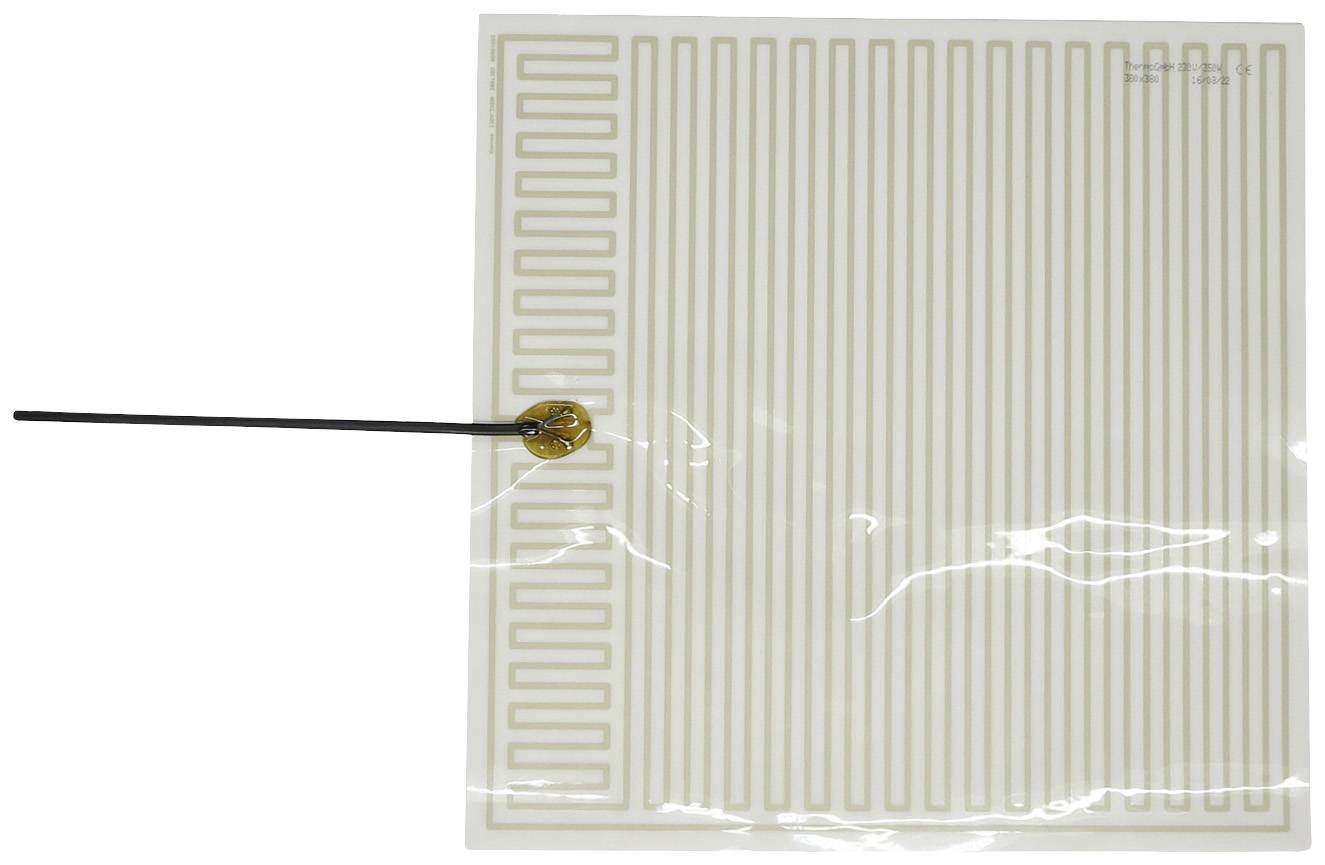 Et rektangulært, gennemsigtigt varmepude med parallelle linjer og et tilsluttet sort kabel til temperaturregulering.