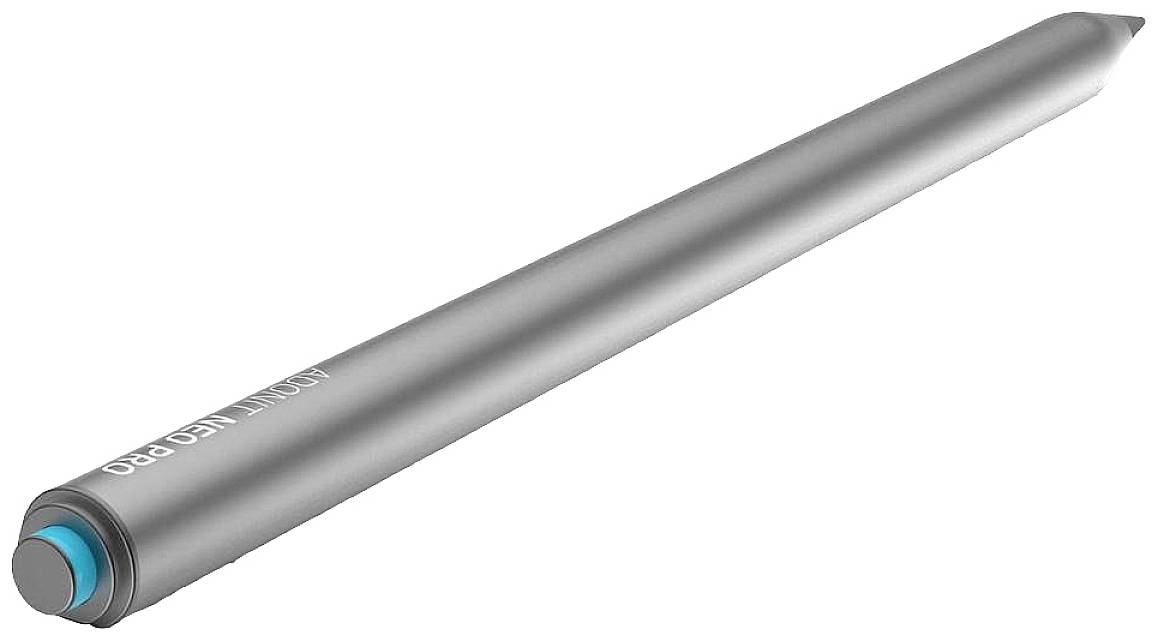 Grå inputpen på hvid baggrund, metallisk design med afrundet spids og blå knap ienden.