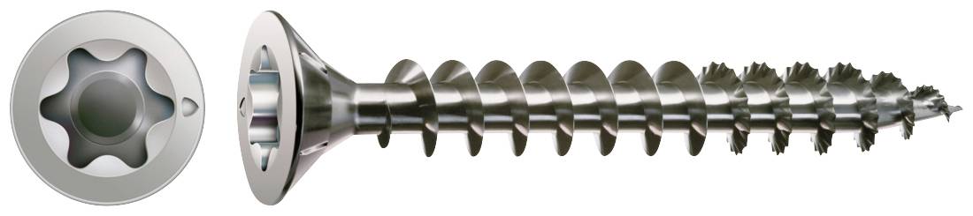 Metalskrue med Torx-hoved og gevind. Venstre side: Torx-profilvisning. Sølvfarvet. Skrue til træ- eller metalforbindelser.