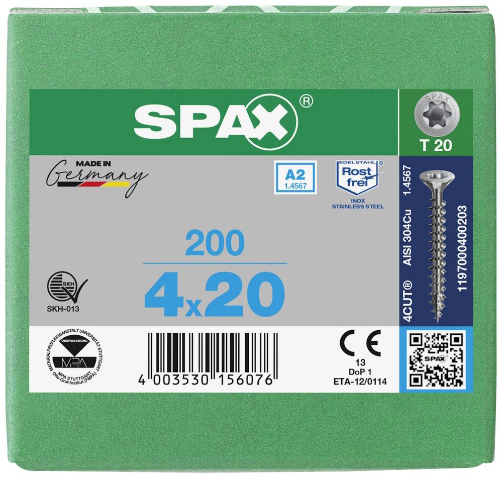 Grøn emballage til SPAX-skruer '4x20' mm, 200 stk., fremstillet af rustfrit stål, Made in Germany. Indeholder normoplysninger.