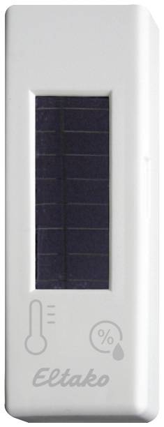 En hvid, rektangulær sensorenhed med solpanel. På forsiden er der symboler for temperatur og luftfugtighed.