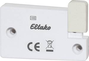 Et hvidt elektrisk apparat fra Eltako med CE-mærke, to monteringsskruer og en firkantet kontakt øverst til højre.
