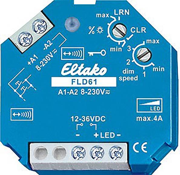 Blå Eltako-dæmper FLD61 med tilslutninger, drejehjul til indstillinger og LED-indikator til driftsspænding 12-36 V DC.