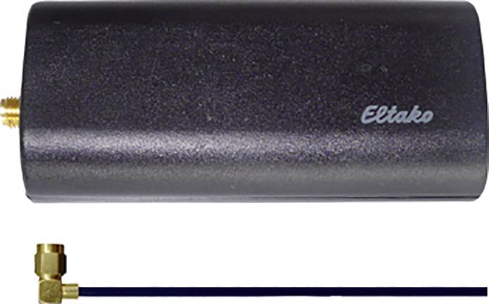 En sort antenne fra mærket Eltako, cylinderformet, med et guldfarvet stik og en tilsluttet kabel.