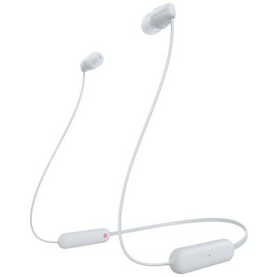 Trådløse hvide in-ear-høretelefoner med nakkebøjle. Et ørestykke viser varemærkelogoet, kablet forbinder de to ørestykker.