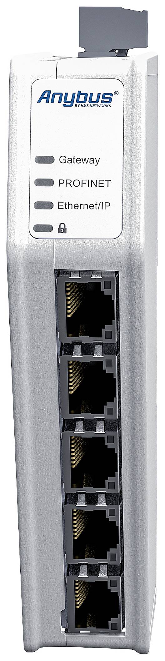 En hvid netværksswitch med påskriften 'Anybus', som viser valgfrie forbindelser: 'Gateway', 'PROFINET', 'Ethernet/IP'.
